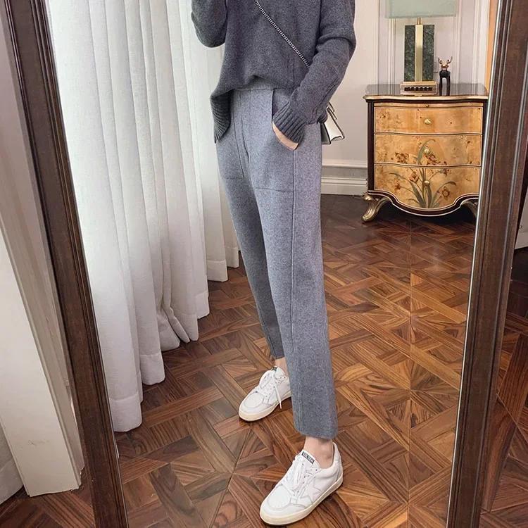 

Spring and Autumn Loose Straight Wide-Leg Pants Casual White Knitted Fabric Baggy Pants Women s S серый