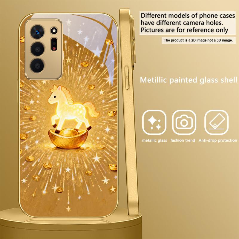 The shining golden pony For Samsung A 01 52S A04 A05S A10 A12 A13 22 23 24 36 42 M02 Note 10 20Ultra 8 9 Golden glass phone case