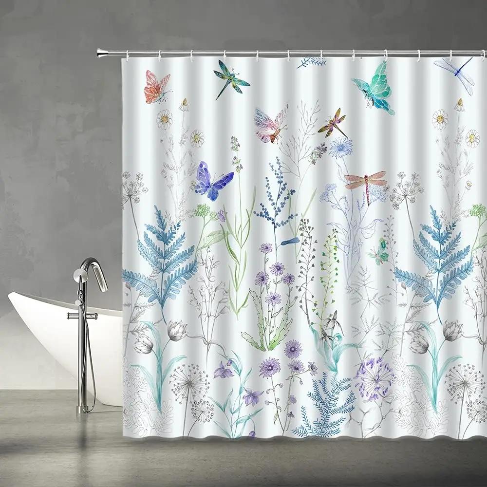 Pink Flower Butterfly Shower Curtain Natural Garden Landscape Home Fabric Bathroom Decoration Shower Curtain With Hook