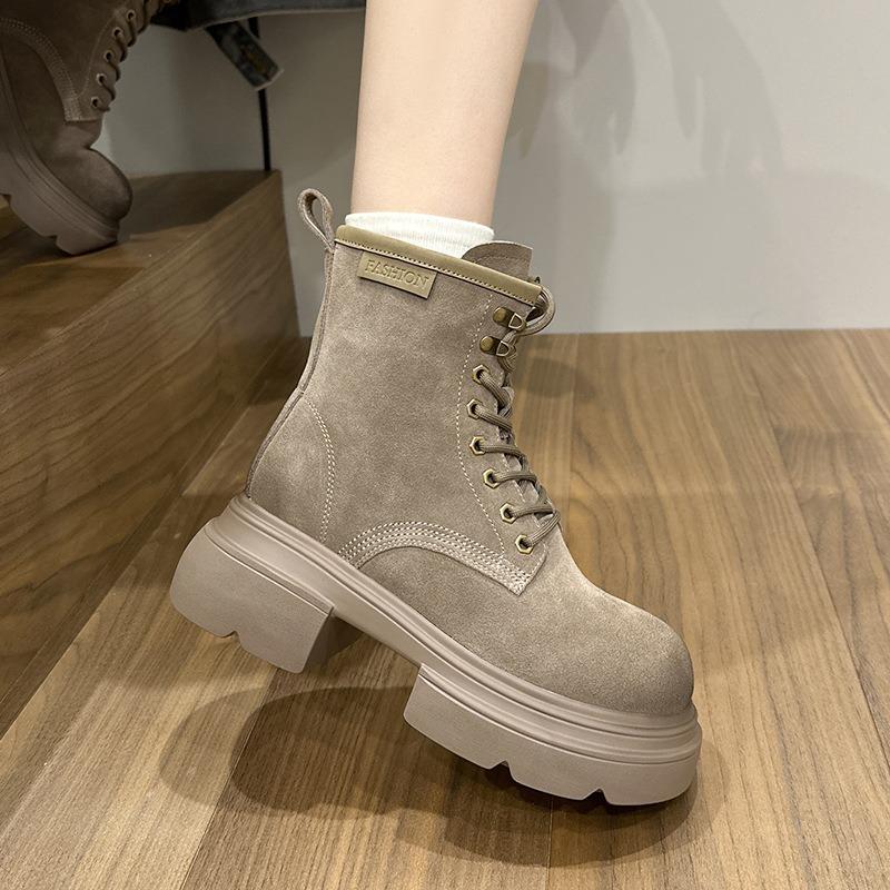 Leather Martin boots women's autumn cow suede retro women's short boots western big head medium boots increase height