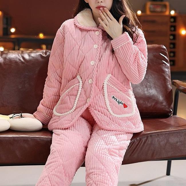 Süße warme wattierte Baumwolle kann draußen getragen werden dreilagiger Pyjama Damen Winter Loungewear verdickt saisonal große Größe