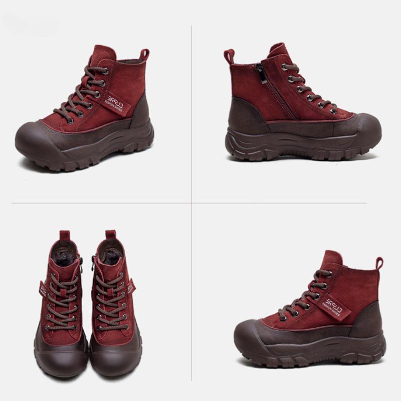 Johnature Cizme scurte calde de pluș de iarnă, retro, din piele naturală, de culoare uni, pantofi de damă, versatili, confortabili