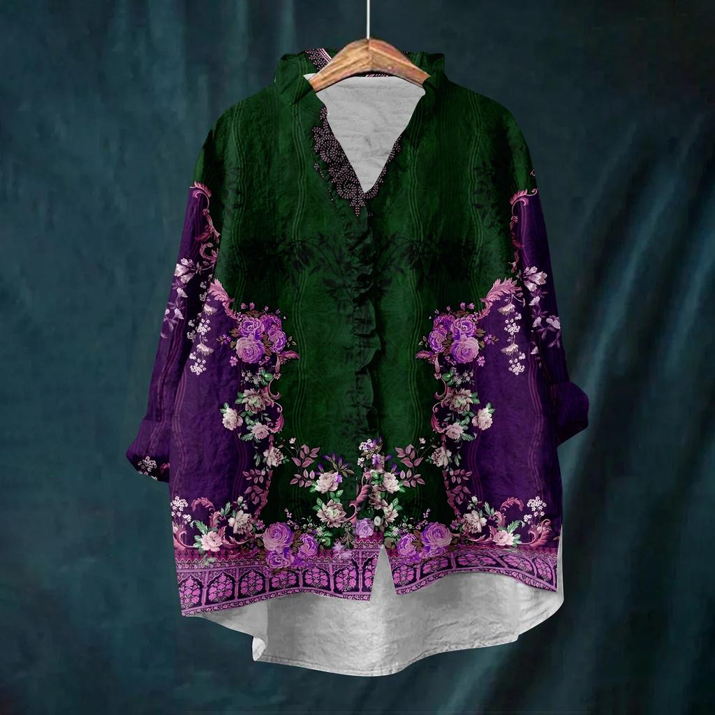 Damen Locker Rüschen Floralprint Stehkragen Langarm Baumwolle und Leinen Top