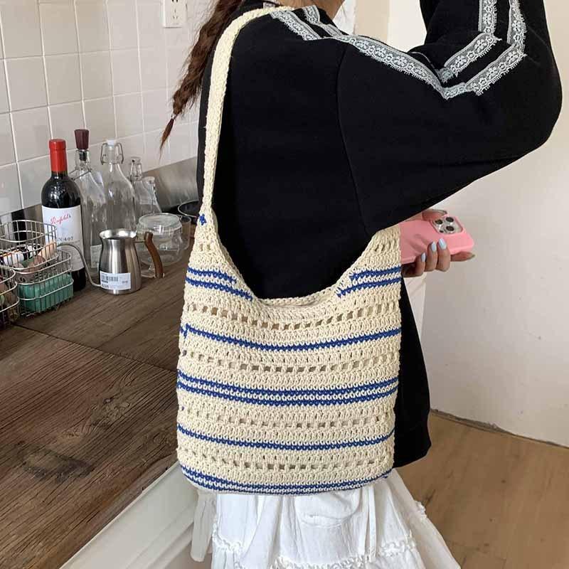 New Color Matching Woven Bag Large Capacity Simple Portable Shoulder Bag Fashionable Commuter Vacation Beach Bag