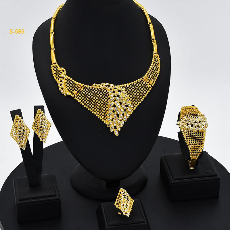 2026 Summer Dubai 24k Gold Bridal Jewelry Set Necklace Earrings Bracelet Ring Middle East Africa