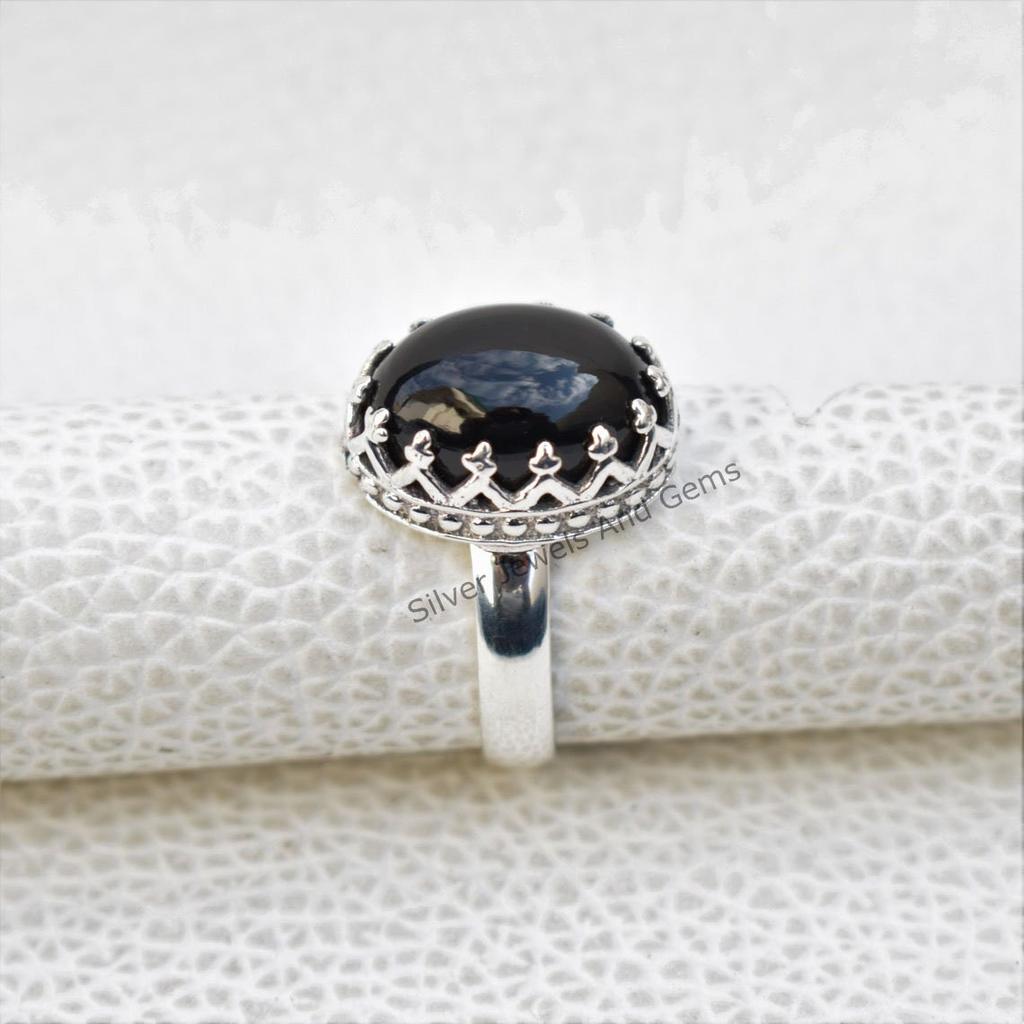 Black Onyx Crown Ring, Handmade 925 Sterling Silver, December Birthstone