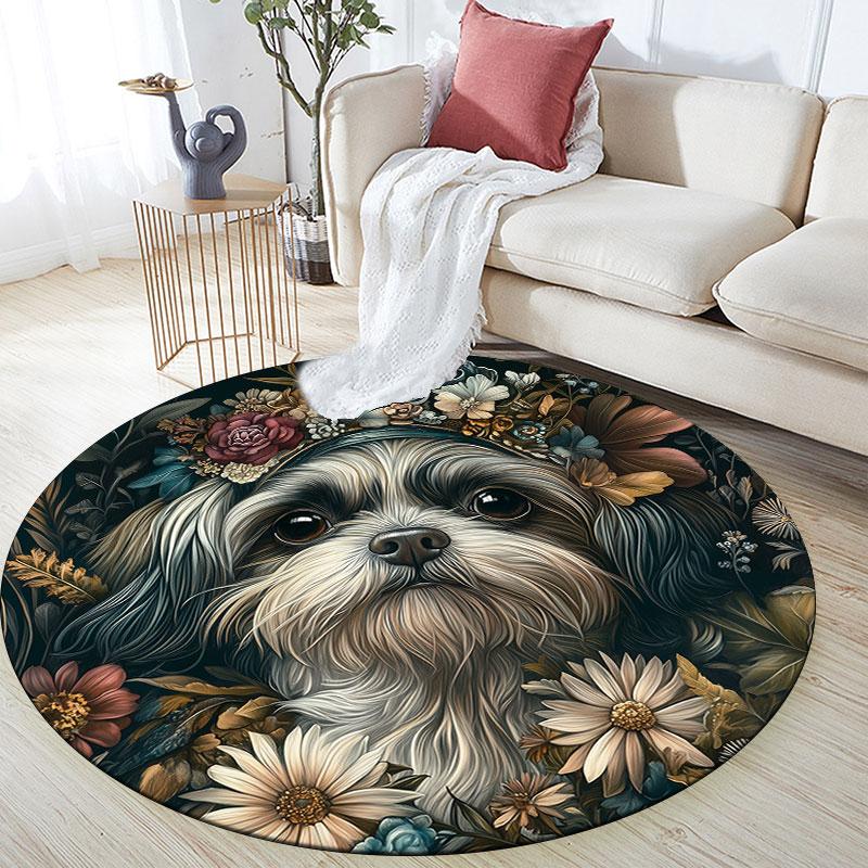 Vintage Shih Tzu Pattern Round rug,Carpet Rug for Living Room Bedroom Playroom ,Non-slip Floor Mat,Holiday Gifts and Birthday Gifts.