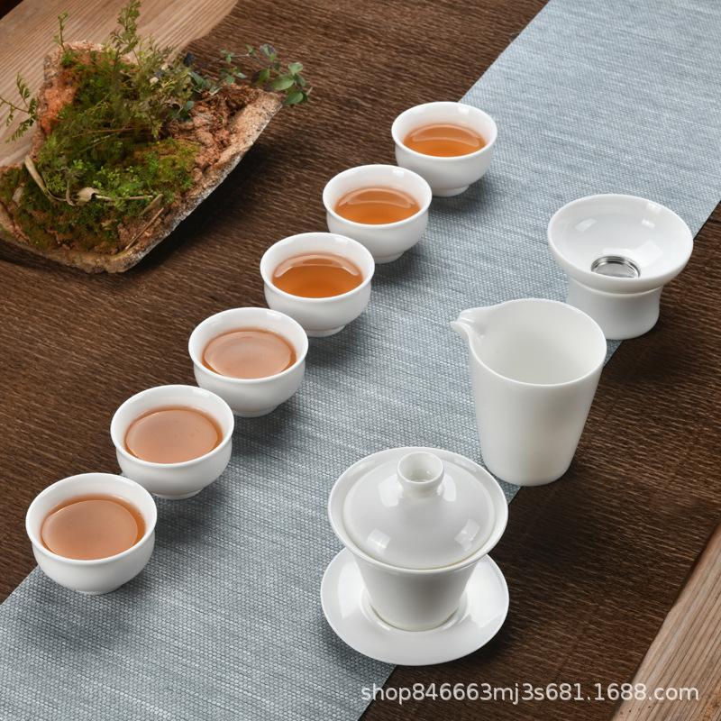 Chinese Tea Set, Dehua White Porcelain Kung Fu Tea Set, Complete Set Of Teapot, Teacup Cover Bowl, Simple Household Modern Tea Set