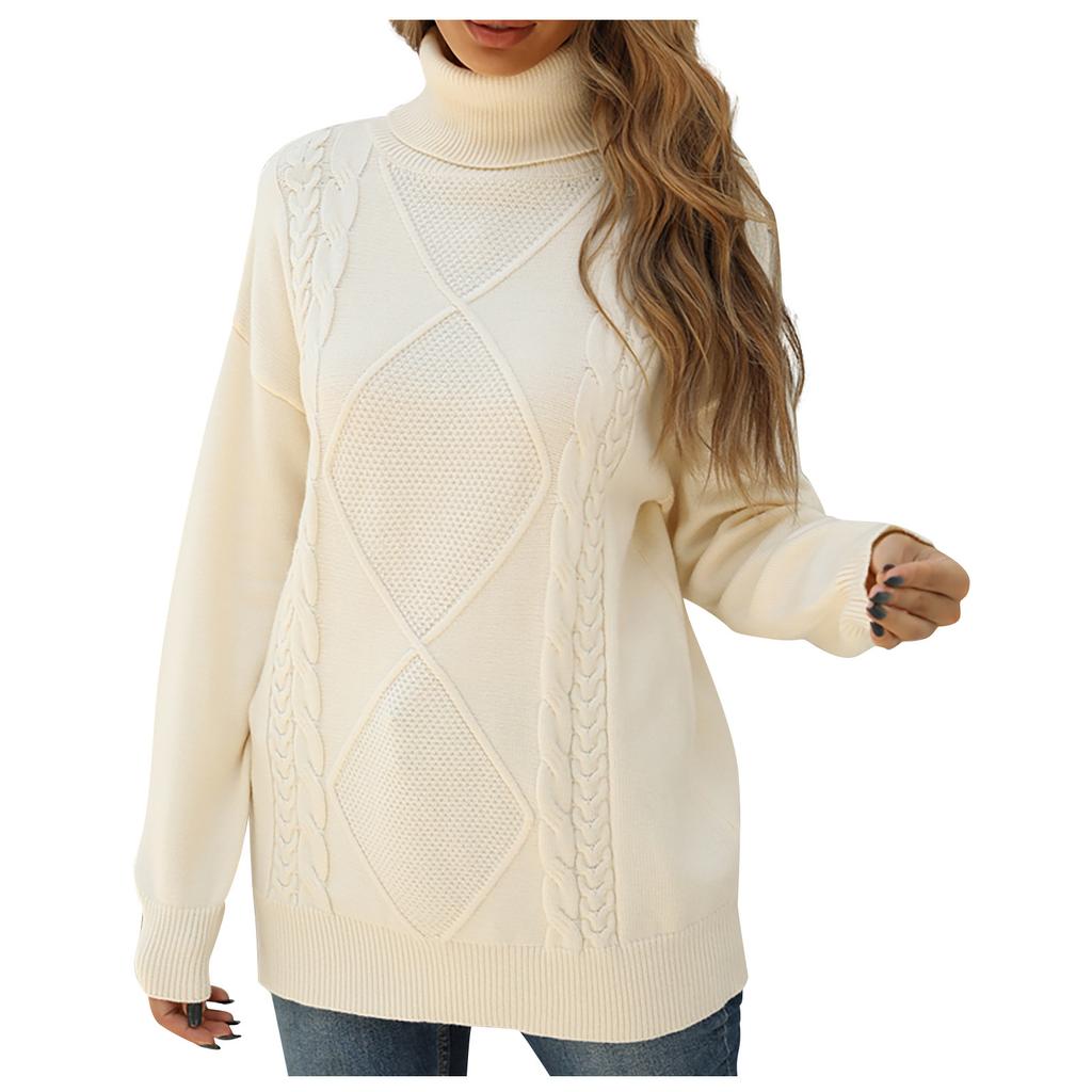 Women Casual Solid Color Pullover High Neck Long Sleeve Sweater Top