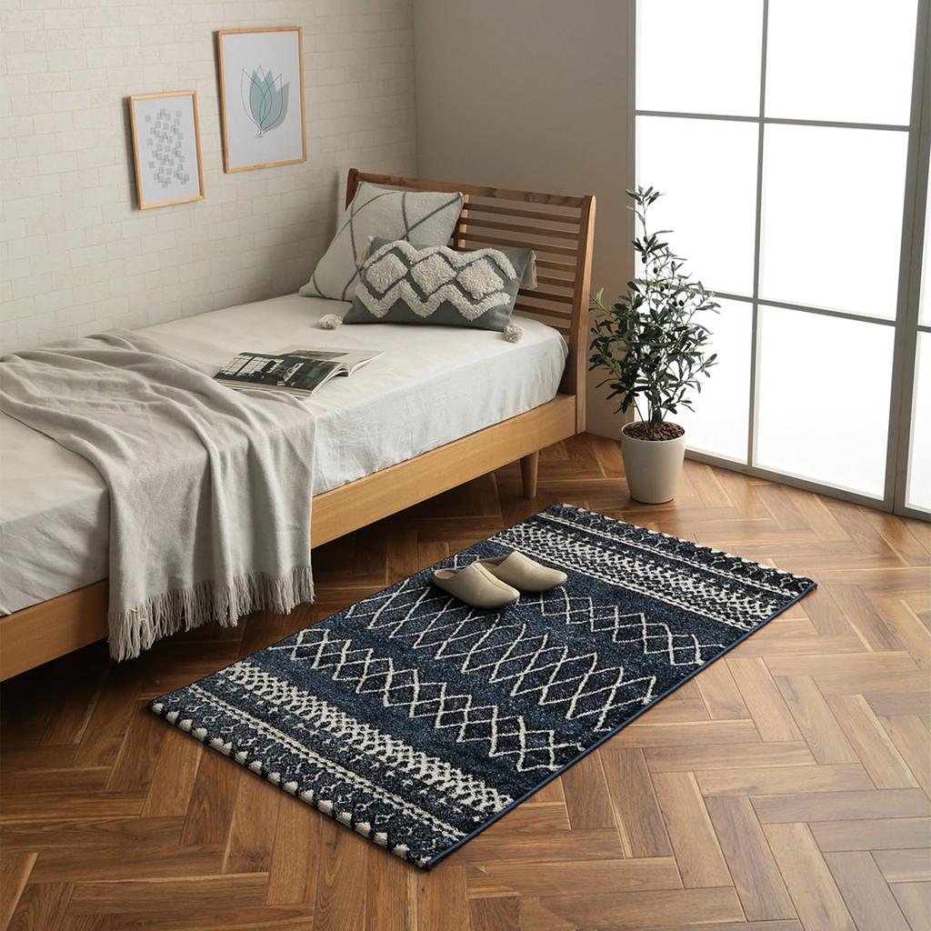 IKEHIKO Wilton Rug, Rectangular, Edia, Navy, Approx. 80 x 140cm, Antibacterial and Odor-Resistant, Geometric Pattern #2347609