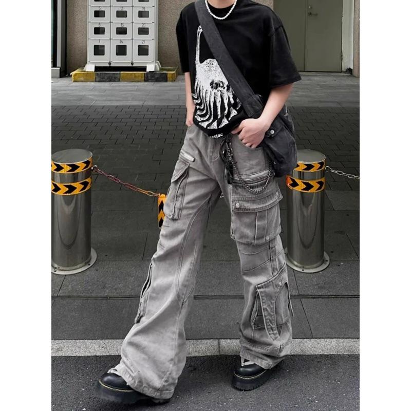 JYL Men's Cargo Flare Jeans American High-Street Multi-Pocket Vintage Floor-Length Denim