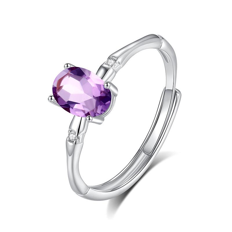 French Simple S925 Silver Inlaid Natural Citrine Peridot Amethyst Garnet Topaz Bamboo Ring opening adjustable