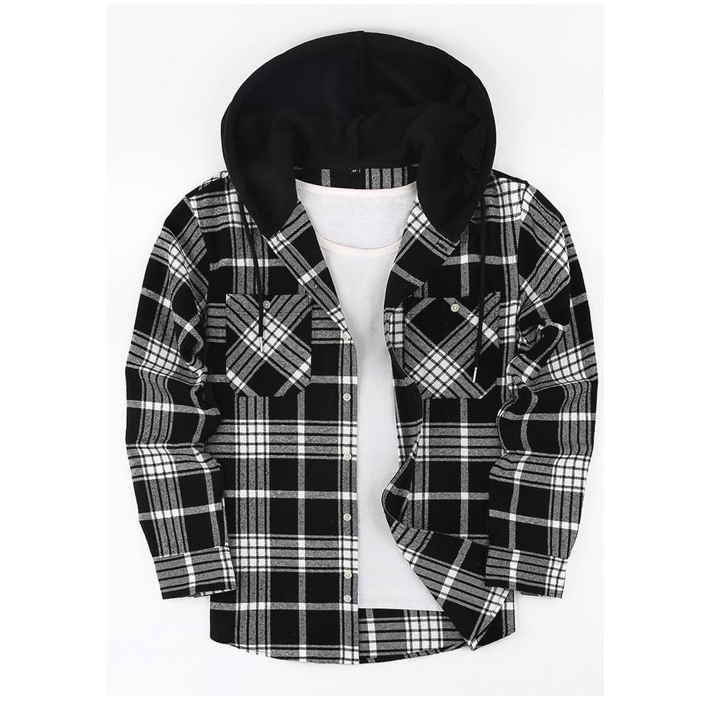 Mens Classic Plaid Long Sleeve Hooded Shirts Multi Pockets Thin Cotton Light Jacket Relaxed Fit Casual Outwear