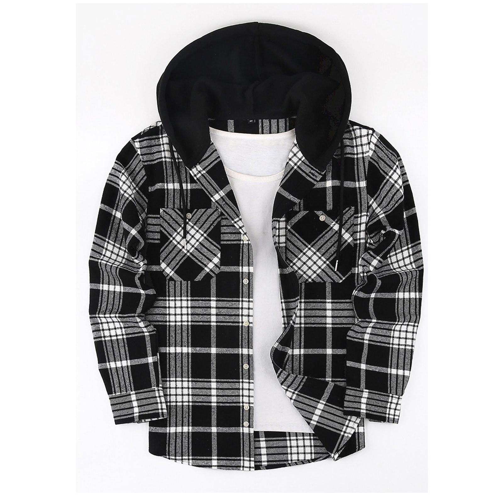 

Mens Classic Plaid Long Sleeve Hooded Shirts Multi Pockets Thin Cotton Light Jacket Relaxed Fit Casual Outwear XXXL