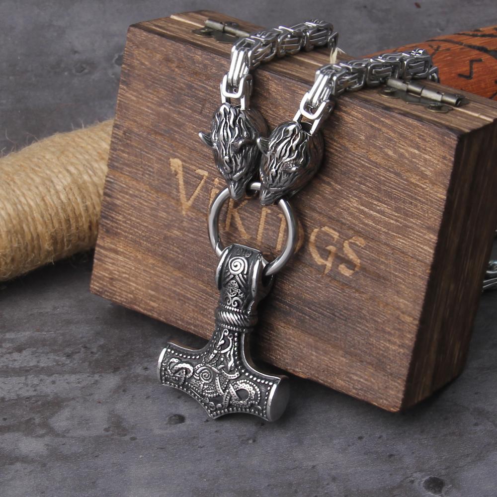 Stainless Steel Wolf Head Thor Hammer Mjolnir Viking Necklace Handmade Chain with Wooden Box Gift for Boyfriend