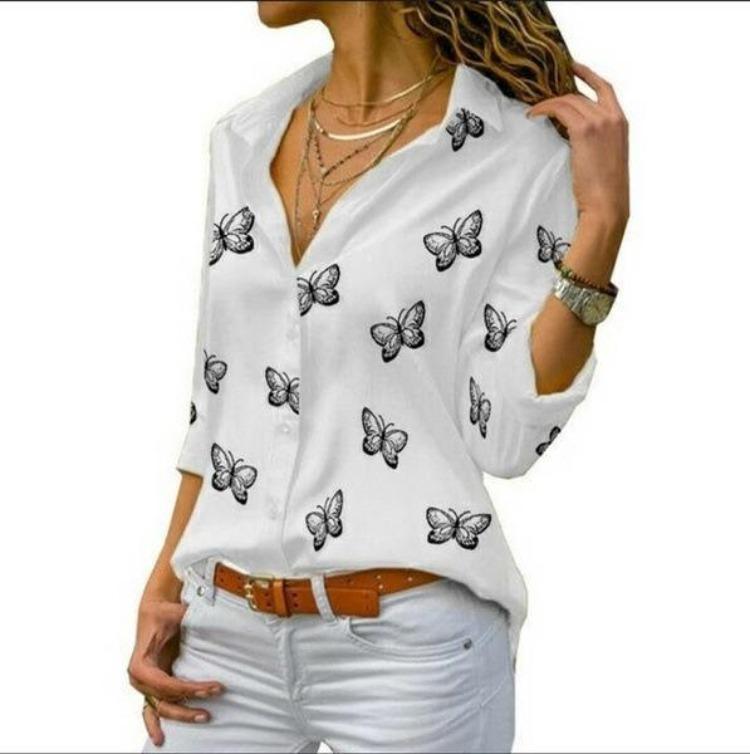 Butterfly Print Lapel Style Shirt Women Loose Fit