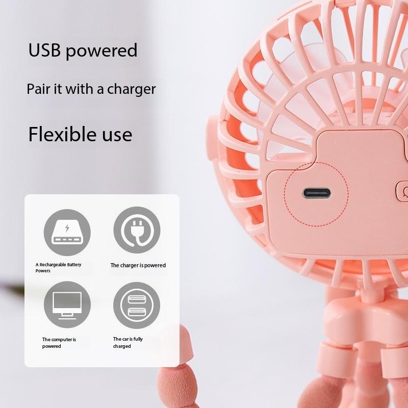 Octopus Mini USB Fan - Handheld Clip-On Fan with Night Light for Stroller, Desk & Travel | Portable Rechargeable Cooling Fan