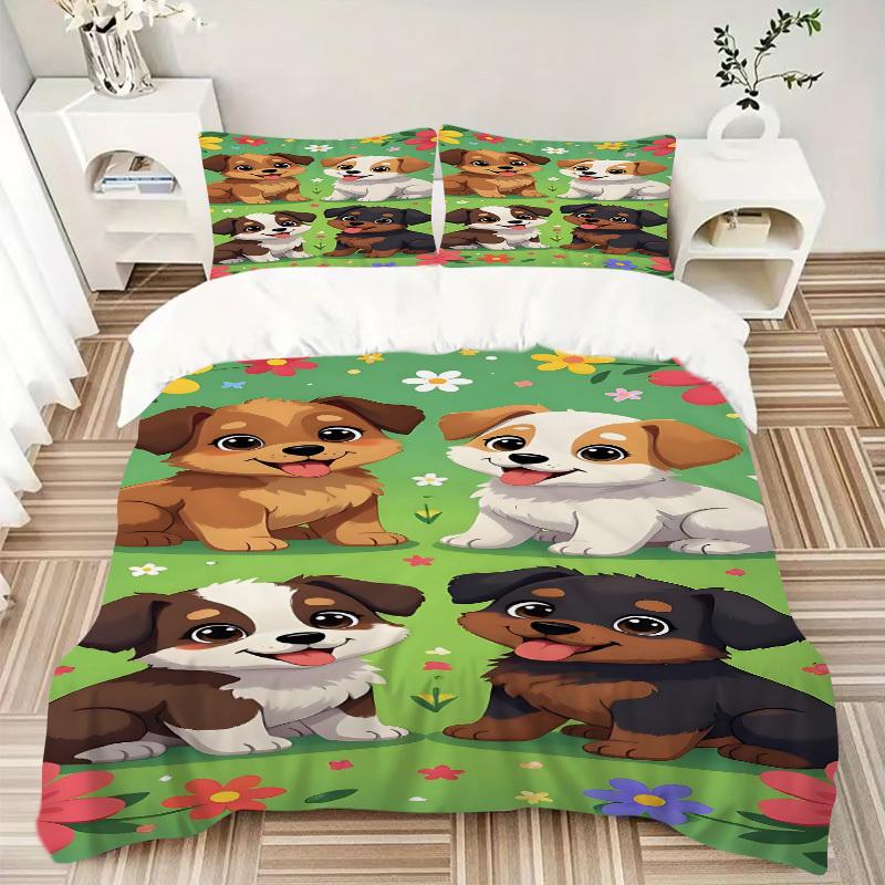 3pcs Cute Puppies Bedding Set - 1 Duvet Cover + 2 Pillowcases(Core Not Included), Machine Washable Polyester yy251216121