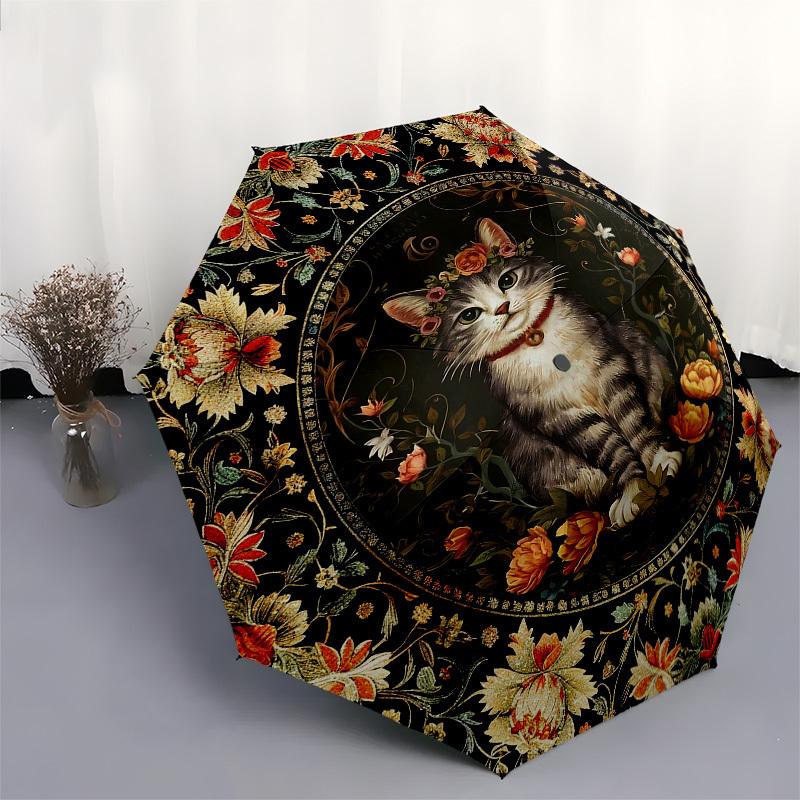 Cat Portrait, Floral FrameThemed Automatic Opening and Closing umbrella 8 Ribs, Suitable for Leisure and Going Out, Outdoor Accessory, Got