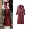 Spring New Arrival Women's Clothing French Style Design Lapel Loose with Belt Long Poly Urethane Leather Trench Coat Outwear