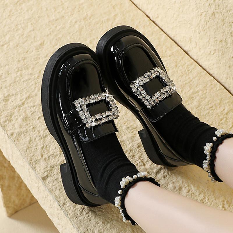 

Модные Роскошные Туфли-лодочки на Платформе со Стразами Женские Блестящие Кожаные Туфли на Толстой Подошве Лоферы для Леди Девушки Оксфорды Маффины Мокасины 34 чёрный