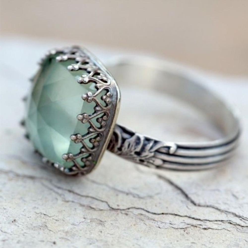 

Vintage Silver Princess Cut Moonstone Ring for Women Mint Green Gemstone Jewelry no. 6 мятный зеленый