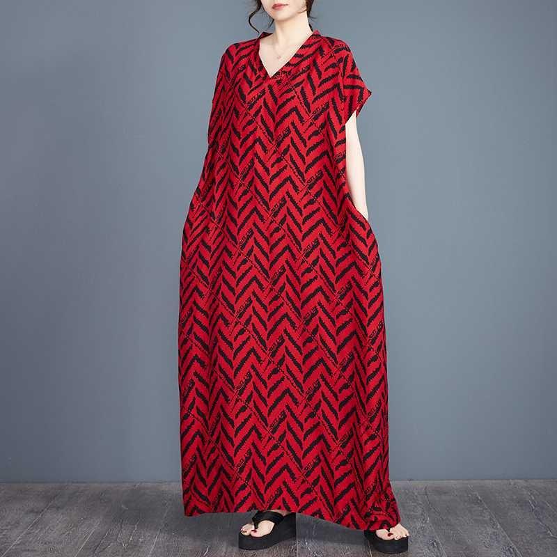 Real Spot Summer New Cotton and Silk Striped Printed Bohemian Robe Dress V-neck Robe Women