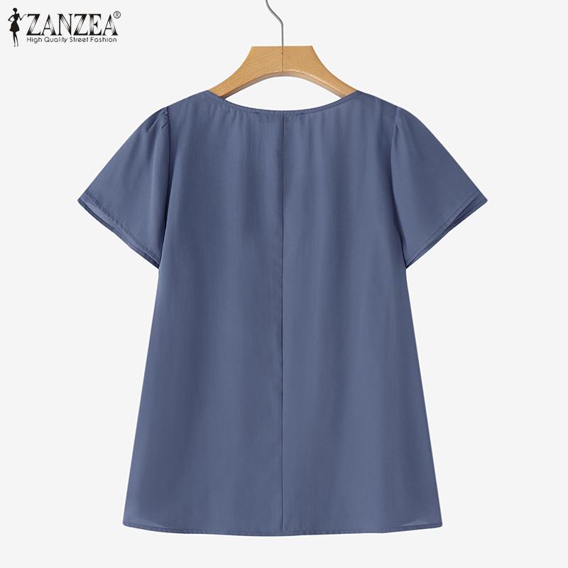 ZANZEA Women Casual Round Neck Solid Color Summer Short Sleeve Blouse