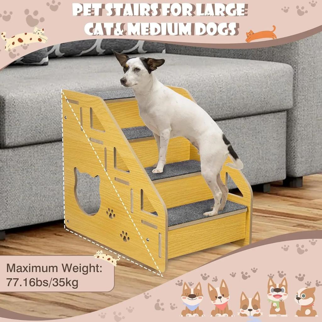 Ergonomic 4-Step Pet Stairs - Wooden Dog Steps with Anti-Slip Treads & Adjustable Height for Beds/Couches