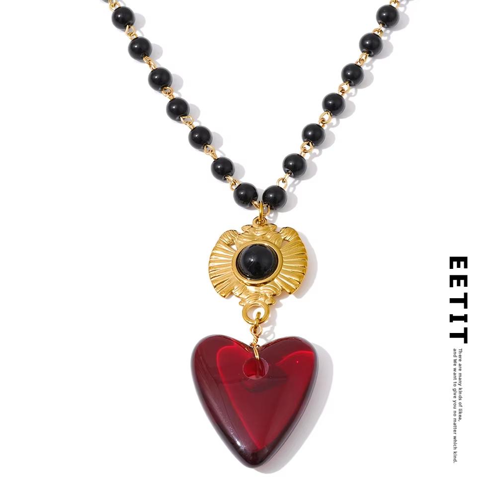 Eetit Módní ručně vyráběné šperky Nerezová ocel Skleněné korálky Řetízek Pryskyřičný přívěsek srdce Vodotěsné výrazné doplňky