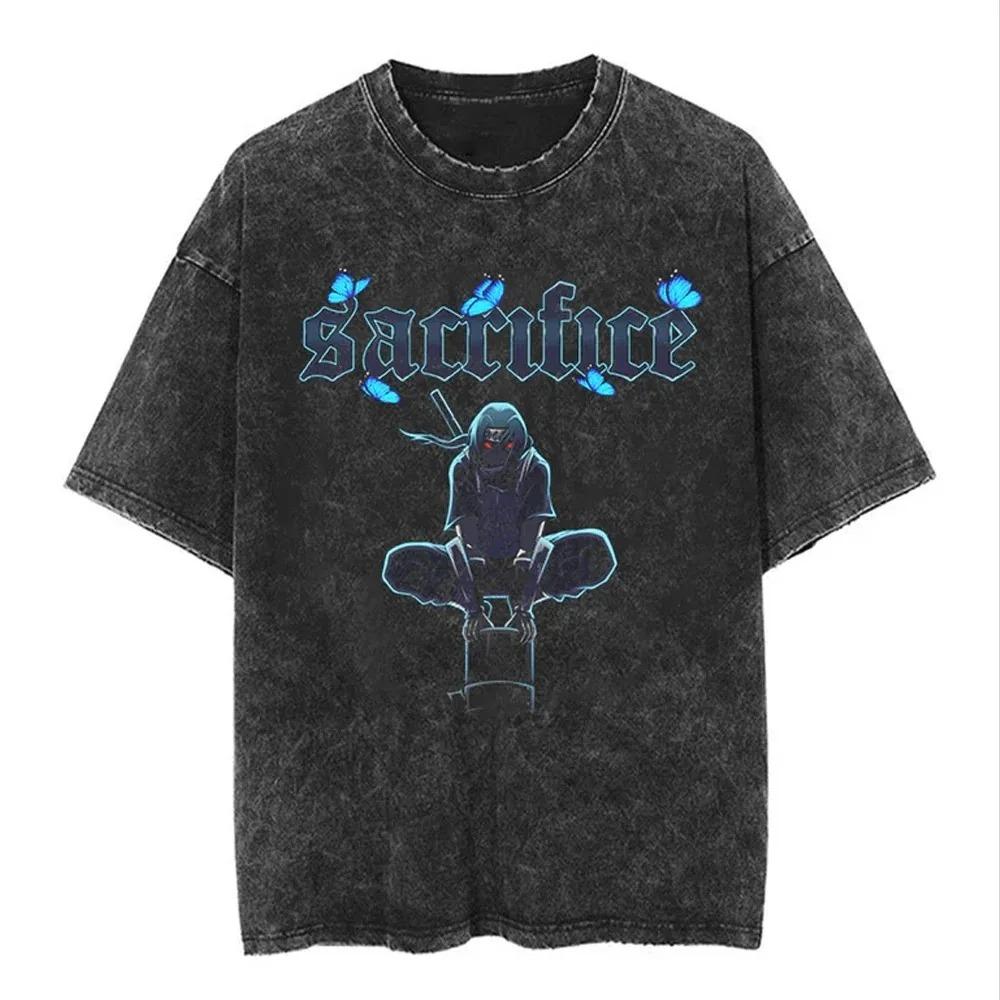 T-shirt Stampa Anime Giapponese Naruto Vintage Lavata Oversize Elasticizzata Hip Hop T-Shirt Cotone Uomo Donna Estate Manica Corta T-shirt