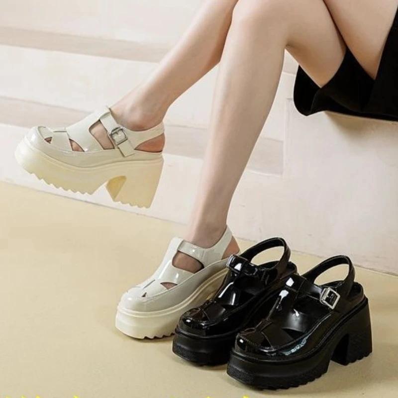 Fashion High quality 10cm Synthetic Patent Genuine Summer Buckle Women Sandals Ladies Hot Sale Platform Wedge Mujer Comfy Fashion Shoes