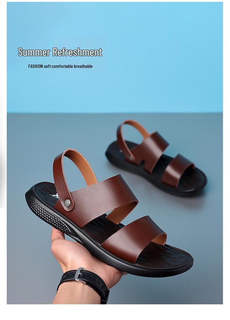 2026 Men's Genuine Leather Dual-Use Sandals - Non-Slip, Thick Sole, Soft & Versatile Beach Slides
