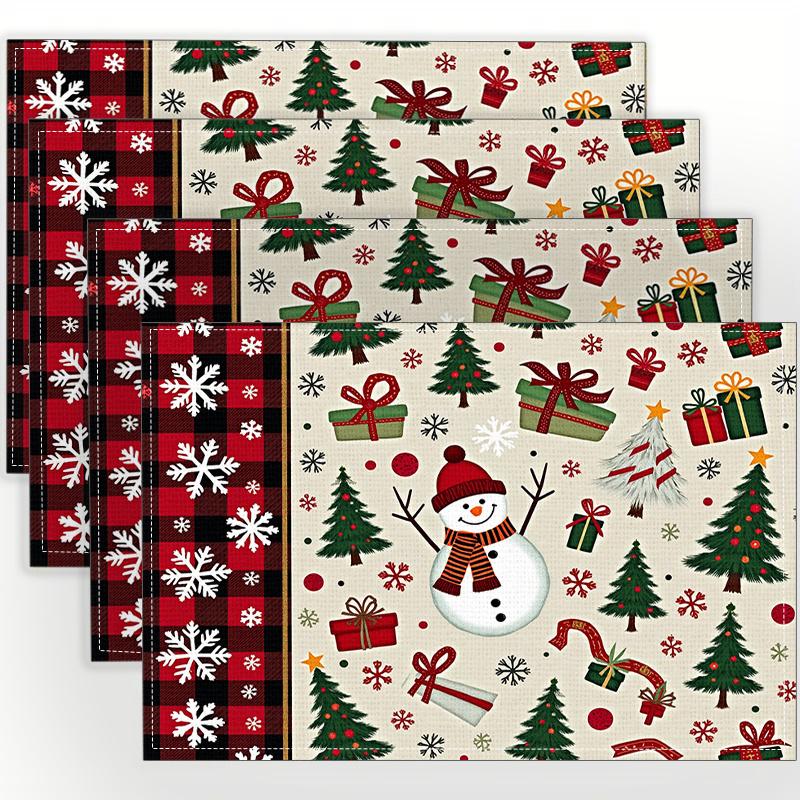 4pcs/6pcs Christmas Decorative Linen Placemats with Snowman, Gift & Tree 2D Flat Print. Whimsical Combo of Snowmen, Presents and Trees for Coffee or