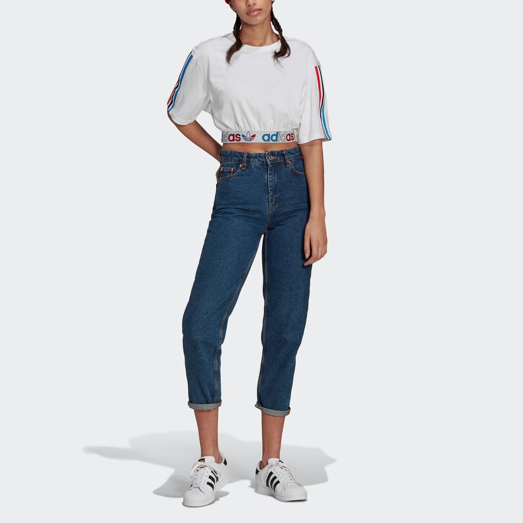 adidas Originals Primeblue Tricolor Crop Tops Women's White Crew Neck Moderate GN6979