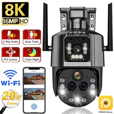 2024 Smart 16MP 8K Wifi Cameras 20X PTZ Zoom Outdoor WIFI Surveillance Camera Four Lens Ip Auto Tracking Security Camera IPC360 Home