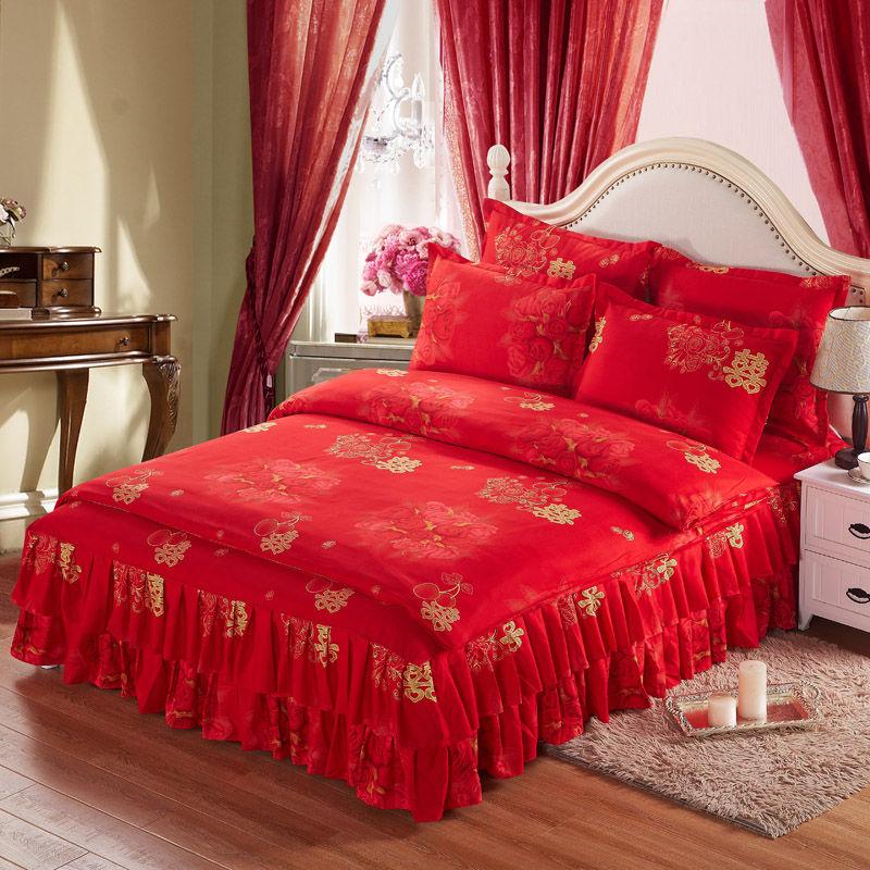 Four Sets of Big Red Bed Skirts Set Double Anti-skid Bed Single Bed Cover Wedding Bed Supplies