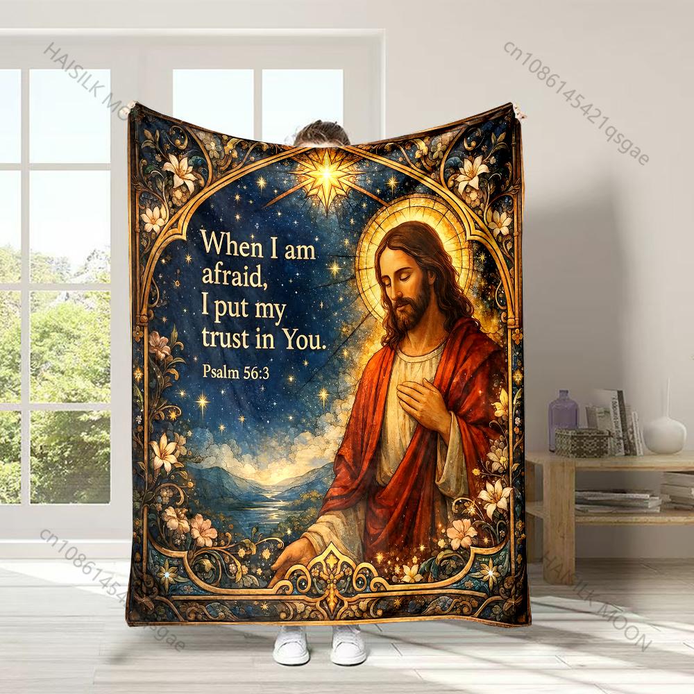 Religious theme starry sky verse Faith-printed Flannel Blanket Soft and Warm Suitable for Home Travel Picnics Camping and RV