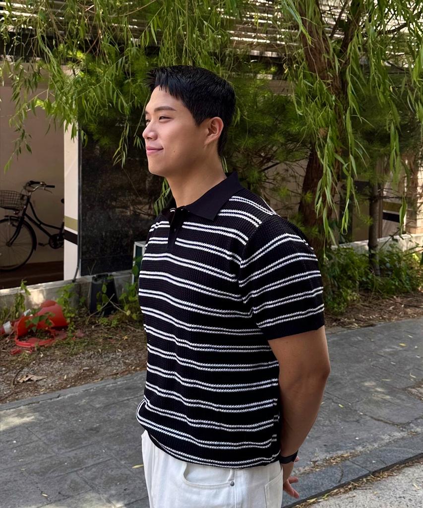 POLYGRAM Multi-Stripe Textured Collared Short Sleeve Knit - Black