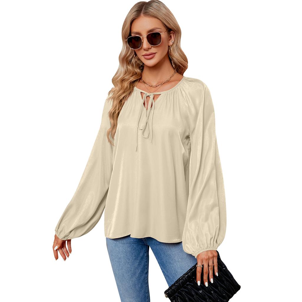 Spring and Autumn Women's Blouse Lantern Long Sleeve Top Large Size V-Neck Tie Tops