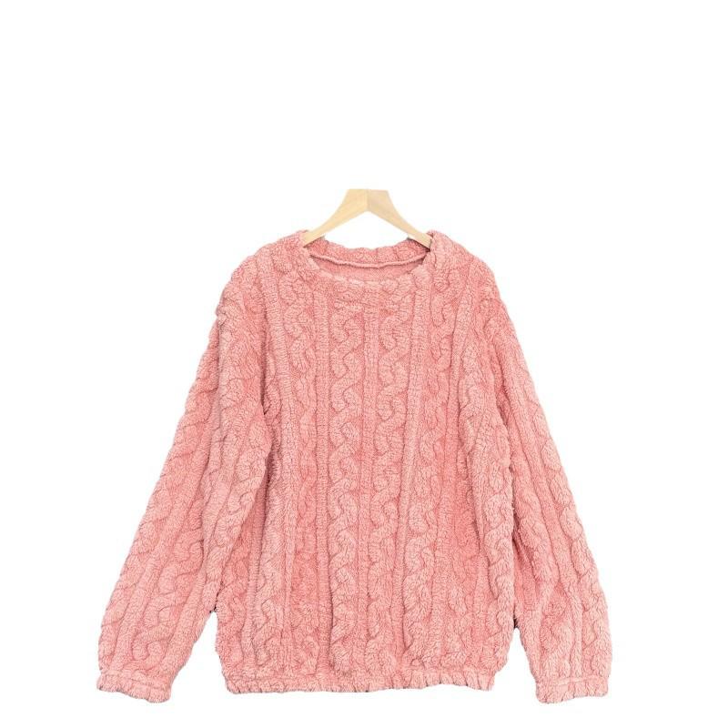 Women's Plus Velvet Coral Fleece Pajamas - Thick, Warm, Solid Color Round Neck Top for Autumn & Winter