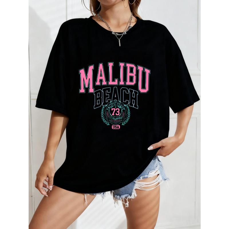 Übergroßes T-Shirt Weiß Malibu Beach Grafikdruck Mit Pinkem Und Blauem Text Und 73 Logo Sommer Freizeitkleidung Für Frauen