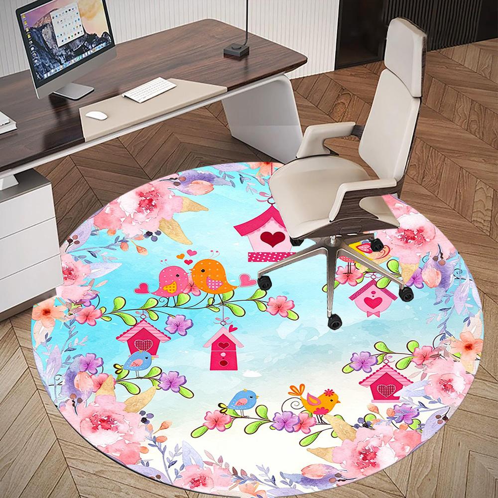 1pc Birds Flowers Round Chair mat office Area Rug - Non-Slip, Floor Mat for Office, Bedroom, and Indoor Decor p127220