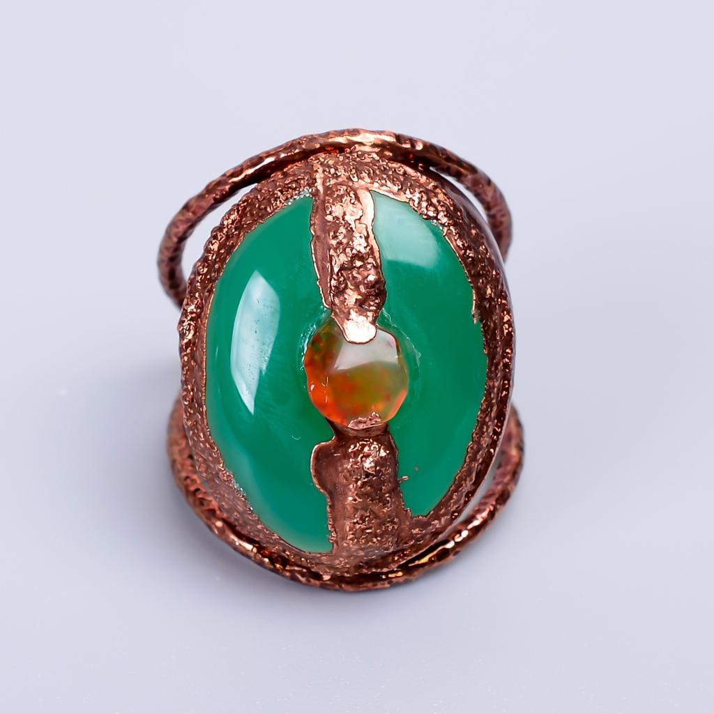 Oval Green Chalcedony Gemstone Eternity Electroformed Boho Ring Jewelry Copper V-62