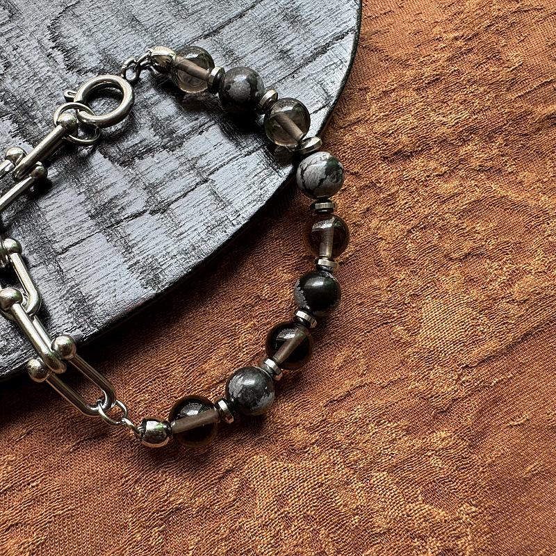 Unisex Gaga Snowflake Obsidian & Stainless Steel Handmade Bracelet