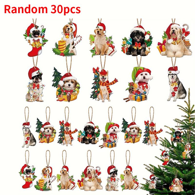 10/20/30pcs Set Rustic Wooden Dog Ornaments - Christmas Hanging Decorative Pendants, Pet-Themed Christmas Decor