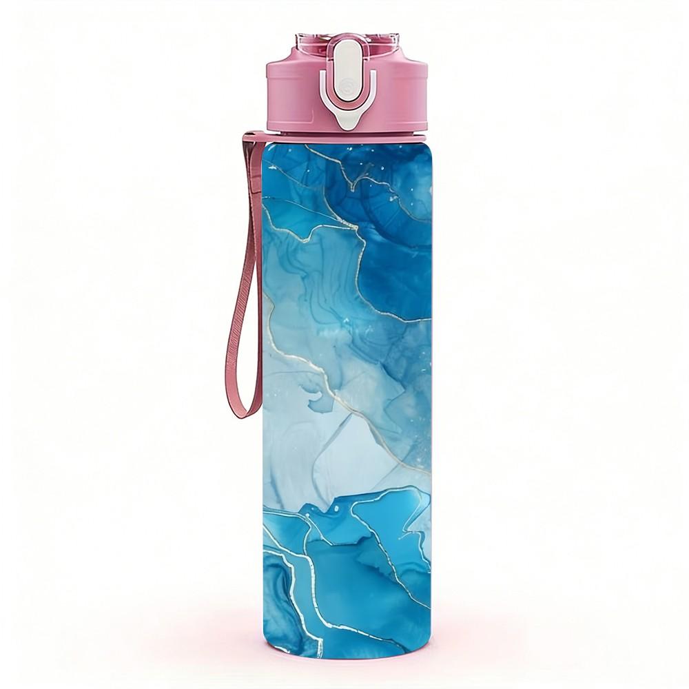 1PC Light Cyan Alcohol Ink Pattern 750ml Color Plastic Sports Water Bottle Leakproof Flip Straw Lid Suitable for Sports Office Home Use