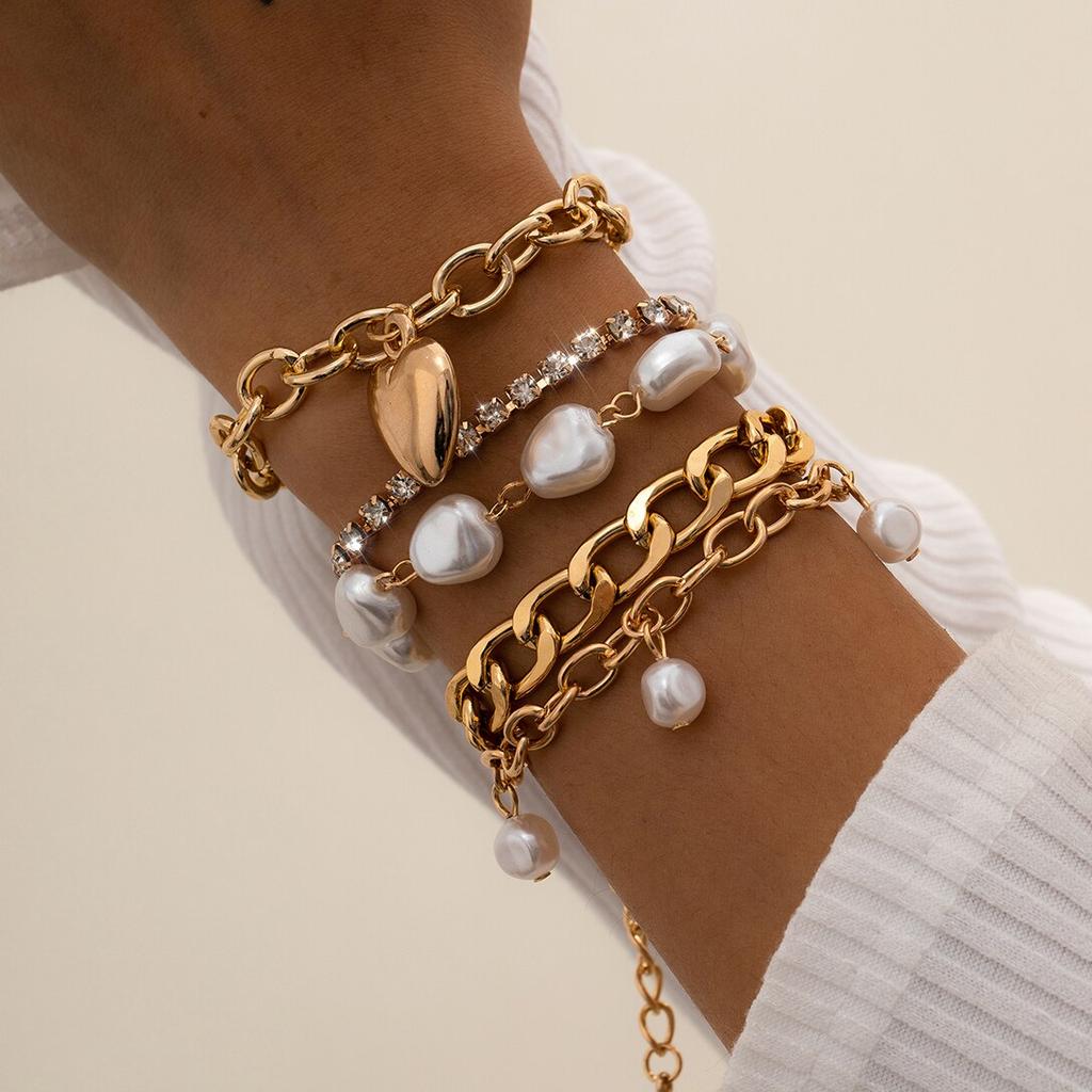 5Stk/Set Vintage Herzanhänger Imitationsperle Kubanische Kette Armband Frauen Punk Strass Armreif Paar Grunge Schmuck Steampunk