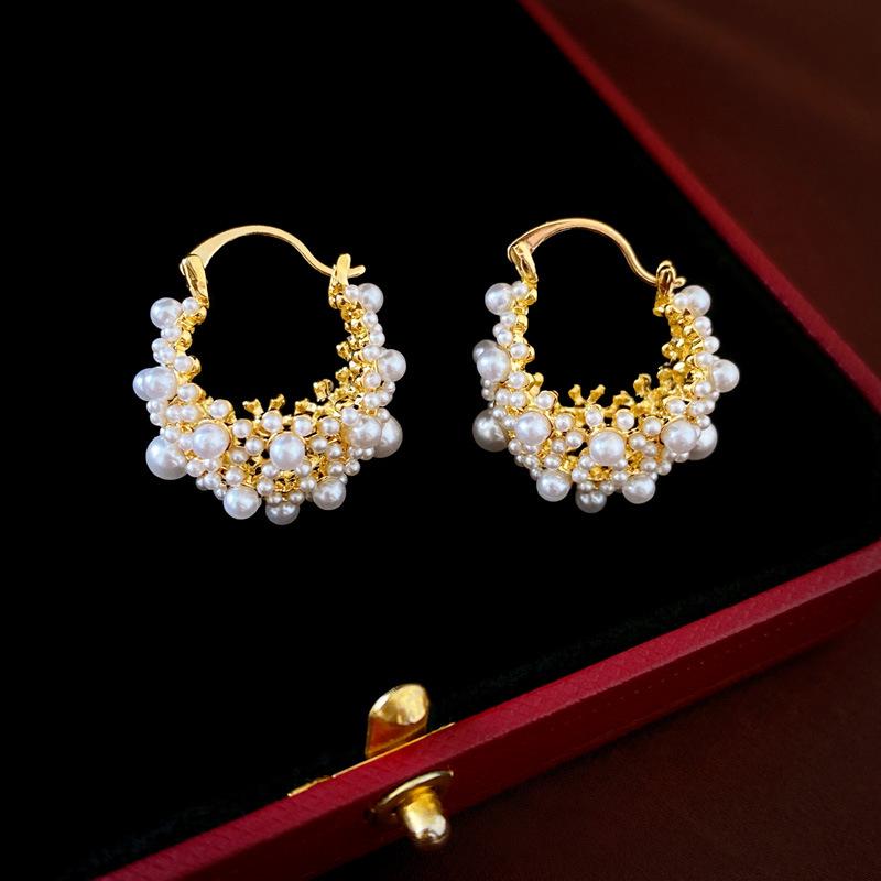 

Французские ретро серьги-каффы с жемчугом с золотым покрытием: Геометрические роскошные украшения для женщин