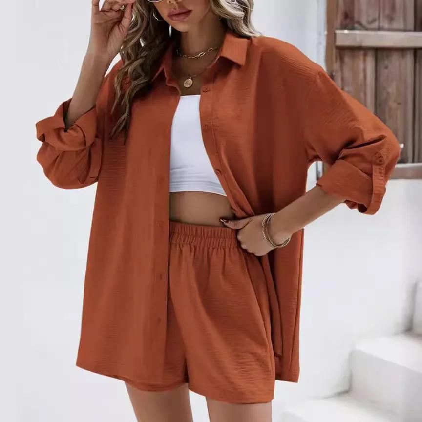 Fashionable Casual Suit Women's Clothing Spring Solid Color Lapel Long Sleeve Shirt High-Waisted Shorts Elastic Waist Skirt